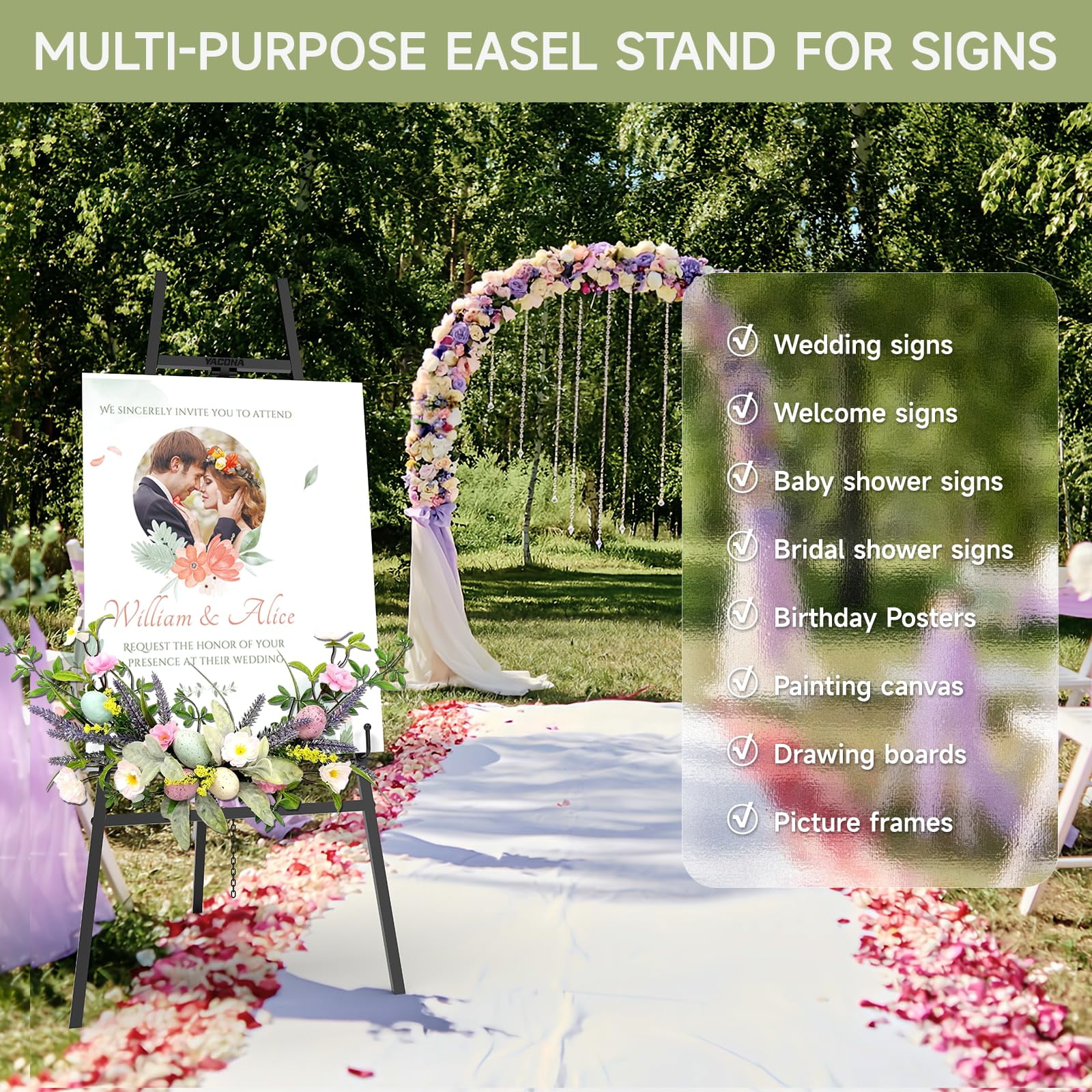 Yacona Easel Stand for Sign, Adjustable Metal Easels for Display with Adjustment Chain, Heavy Duty Poster Stand, for Wedding Sign Poster Painting Displays, Black