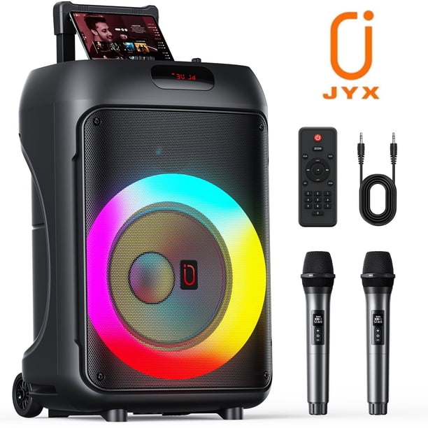 JYX Karaoke Máquina Altavoz de Karaoke Grande de 120 W con Ruedas, 2 Micrófonos, Luces de Fiesta RGB, T36-T
