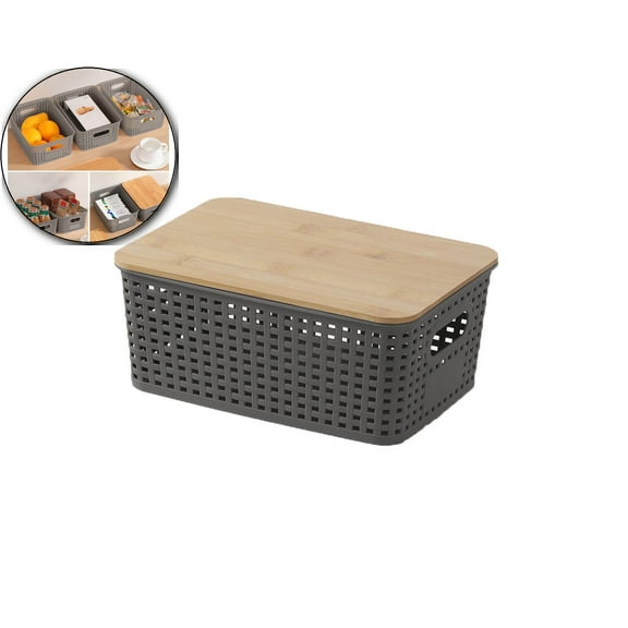 VQPeo Plastic Storage Bins with Bamboo Lid Pantry Organization and Storage Baskets Containers Lidded Organizer Bins Small Baskets for Shelves Drawers Desktop Closet Playroom Office
