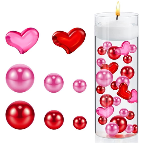 Valentine's Day Vase Filler, Pink Red Heart Shape and Round Acrylic Gems with Water Beads, Floating Valentines Day Bowl Filler for Wedding Centerpiece, Anniversary, Home Table Decor