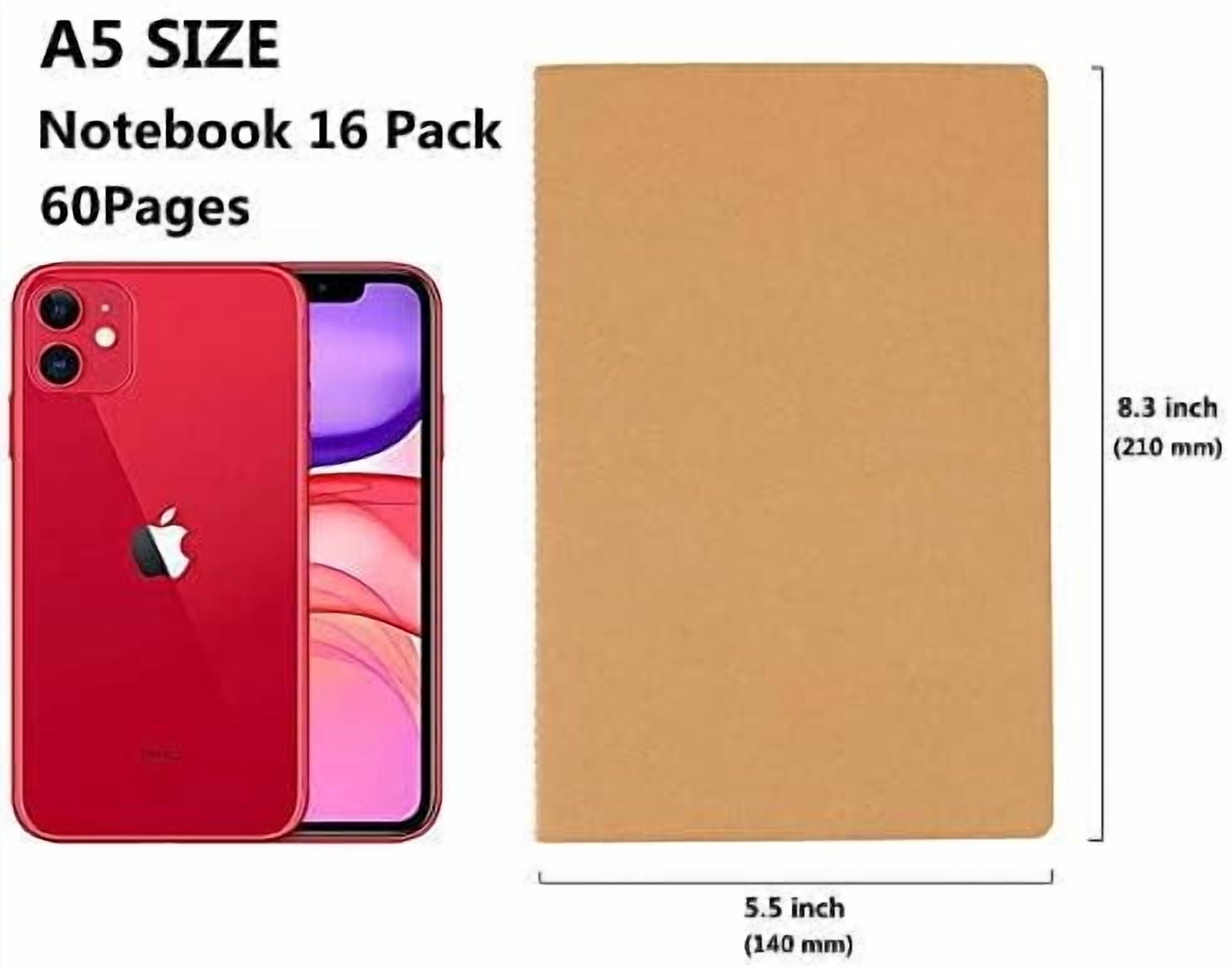 Quivanta 16 Pack Kraft Notebooks, Journals in Bulk for Writing, Blank Paper Sketchbooks, 60 Pages Notebook, 8.3x5.5 Inch, A5 Size, Travel Journal Set, for Gifts, Students and Office Supplies