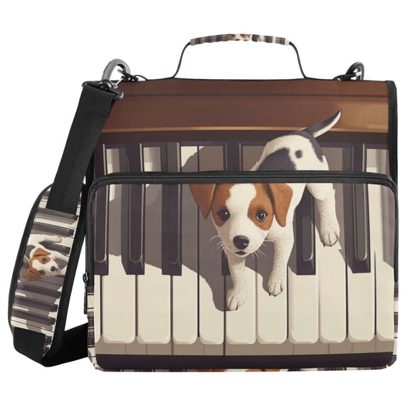 3 Ring Zipper Binder with Shoulder Strap Waterproof Trapper Keeper 2 Inch D-Ring 500 Sheets Capacity Cute Dog on Piano