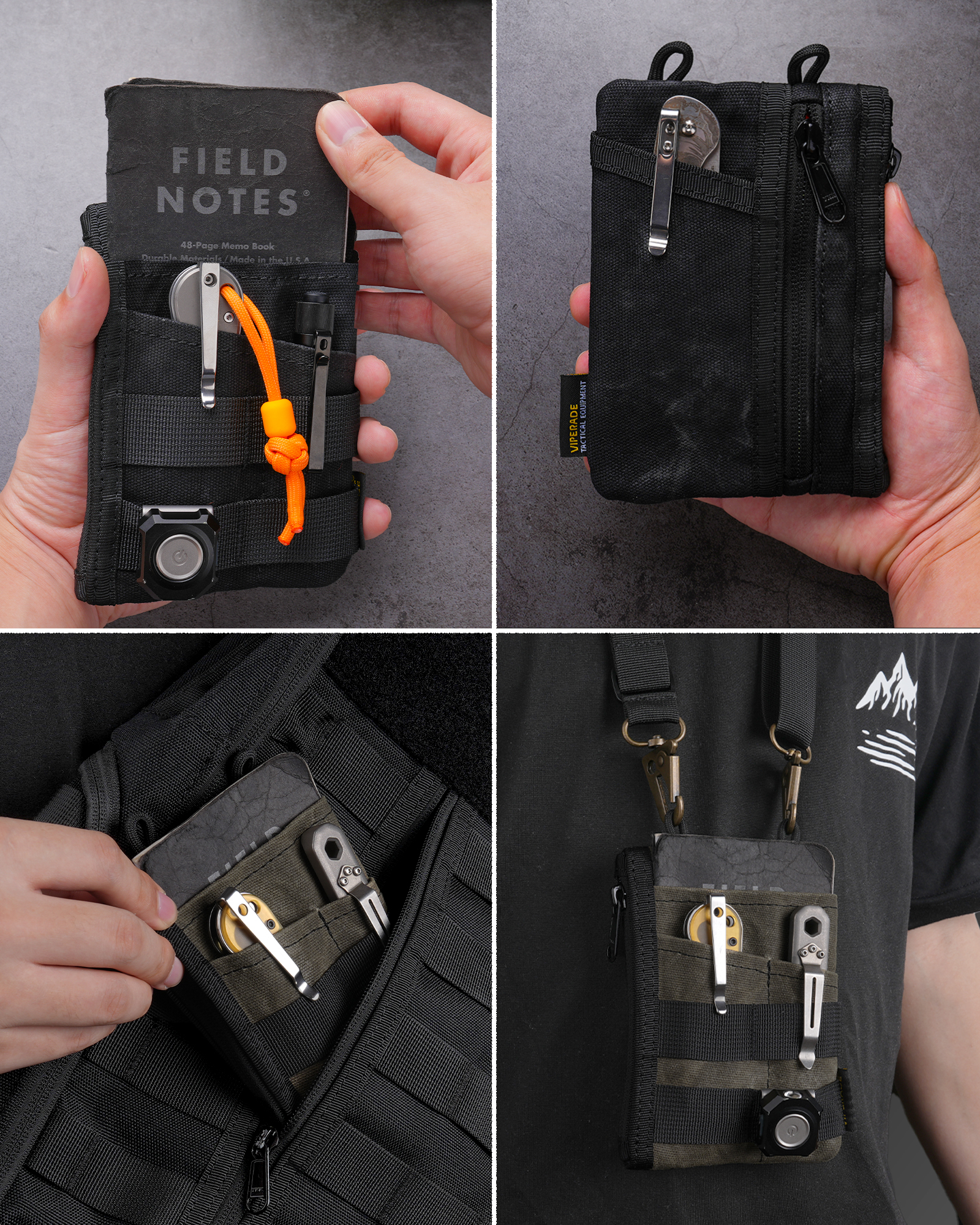 VIPERADE VE18N-OW Waxed Canvas Zipper Wallet, Slim Pocket Pouch, 3 Slots and 2 Zipper Pockets - Minimalist EDC Wallet (Black)