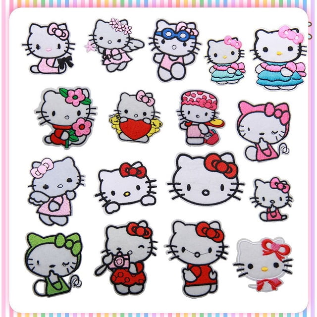 parche bordado de hello kitty para niñas color random-17pcs set de 17 apliques Deng Xun con diseños bordados frontales sobre fondo blanco; figuras de Hello Kitty con moños, vestidos, flores, corazón y cámara; bordes cosidos y detalle de puntada visible; indicado para personalizar ropa, bolsas y otros textiles mediante planchado o costura, y apto para manualidades.