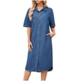 thumbnail image 1 of AherBiu Robe Midi en Denim pour Femmes à Manches Courtes, Boutonnée, Col à Revers en V, avec Poches, 1 of 7
