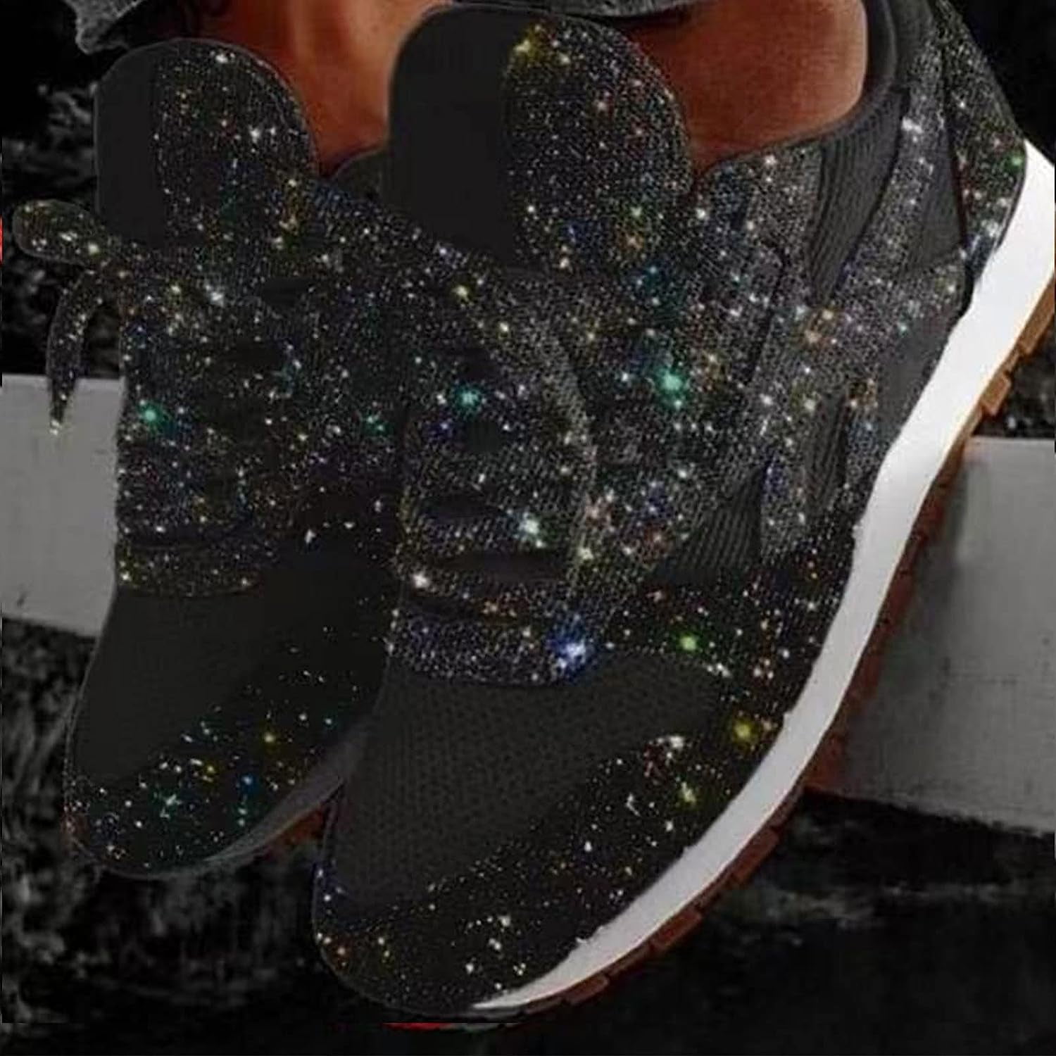 Women's casual breathable crystal bling lace sport shoes Glitter Tennis  Sneakers Comfy Sparkly Rhinestone Bling Running Shoes 