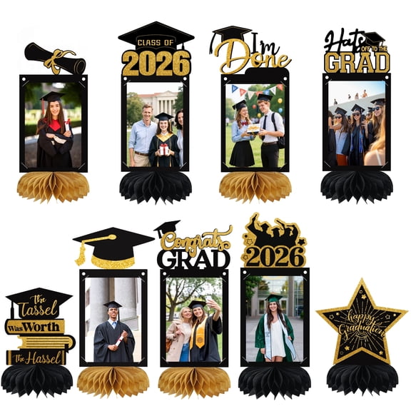 9pcs Class of 2026 Graduation Honeycomb Centerpieces, Glitter Congrats Table Toppers, Black Gold for Graduation Party Decor