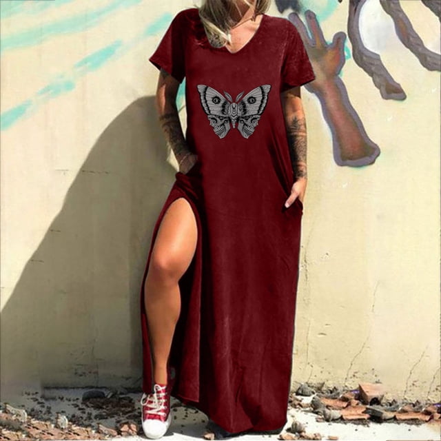 SMihono Summer Boho Maxi Dress pour Femmes Plus Size Col Rond Imprimé Décontracté Manches Courtes Poche Fendue Longue Dress Beach Swing Sundress