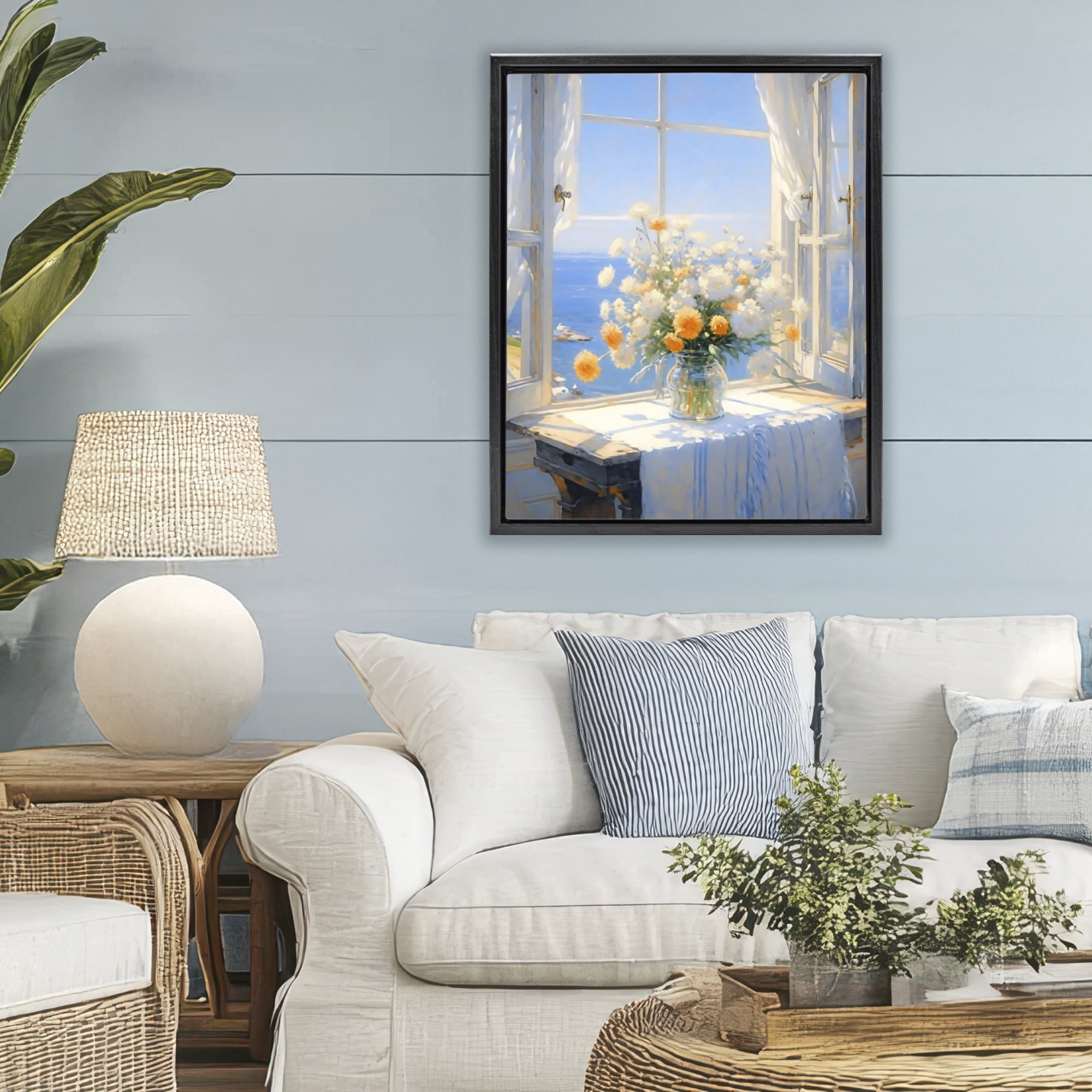Stupell Industries Floral Window View of Sea Black Framed Floater Canvas Wall Art, design by Creative Studio