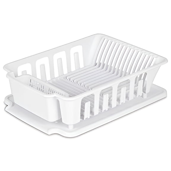 Sterilite Heavy Duty Sturdy Hard Plastic 2 Pc Sink Set With Dish Rack Large With Drainer & Drainboard,Snap Lock Tabs,Cup Holders for Home Kitchen Counter Top Organize Store-White
