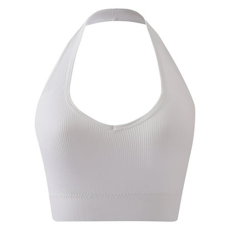Oplxuo Sports Bras for Women Padded Summer Ribbed Halter Crop Tank Top Sexy Backless Workout Yoga Bra
