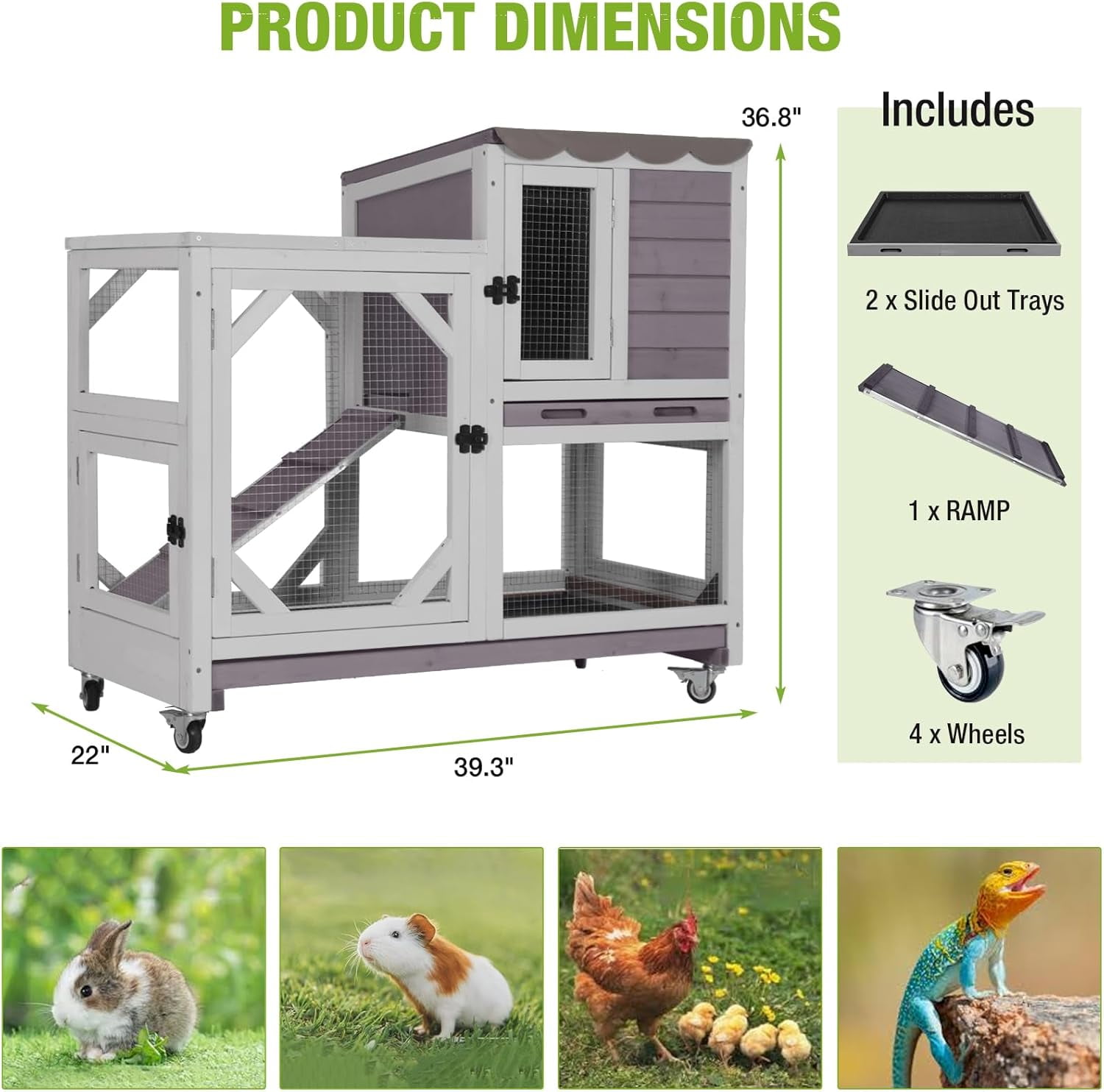 2-Story Rabbit Hutch Bunny Cage with Leak-Proof Trays & Chew-Proof Ramp - Indoor/Outdoor 39.3" Wooden Rabbit Cage with Wheels for Rabbits, Guinea Pigs, Small Animal (Grey)