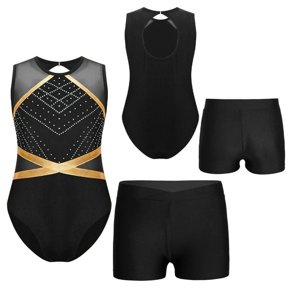 iixpin Gymnastics Leotard for Girls 2 Piece Outfits Gymnastics Bodysuit with Shorts Set Tank Unitard Biketard Black 10