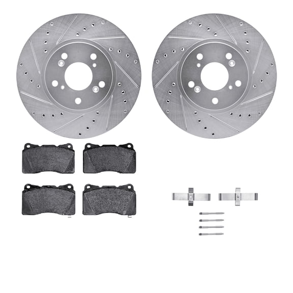 Dynamic Friction Company Front Brake Rotors-Drilled and Slotted-Silver with 5000 Euro Ceramic Brake Pads includes Hardware 7612-58005