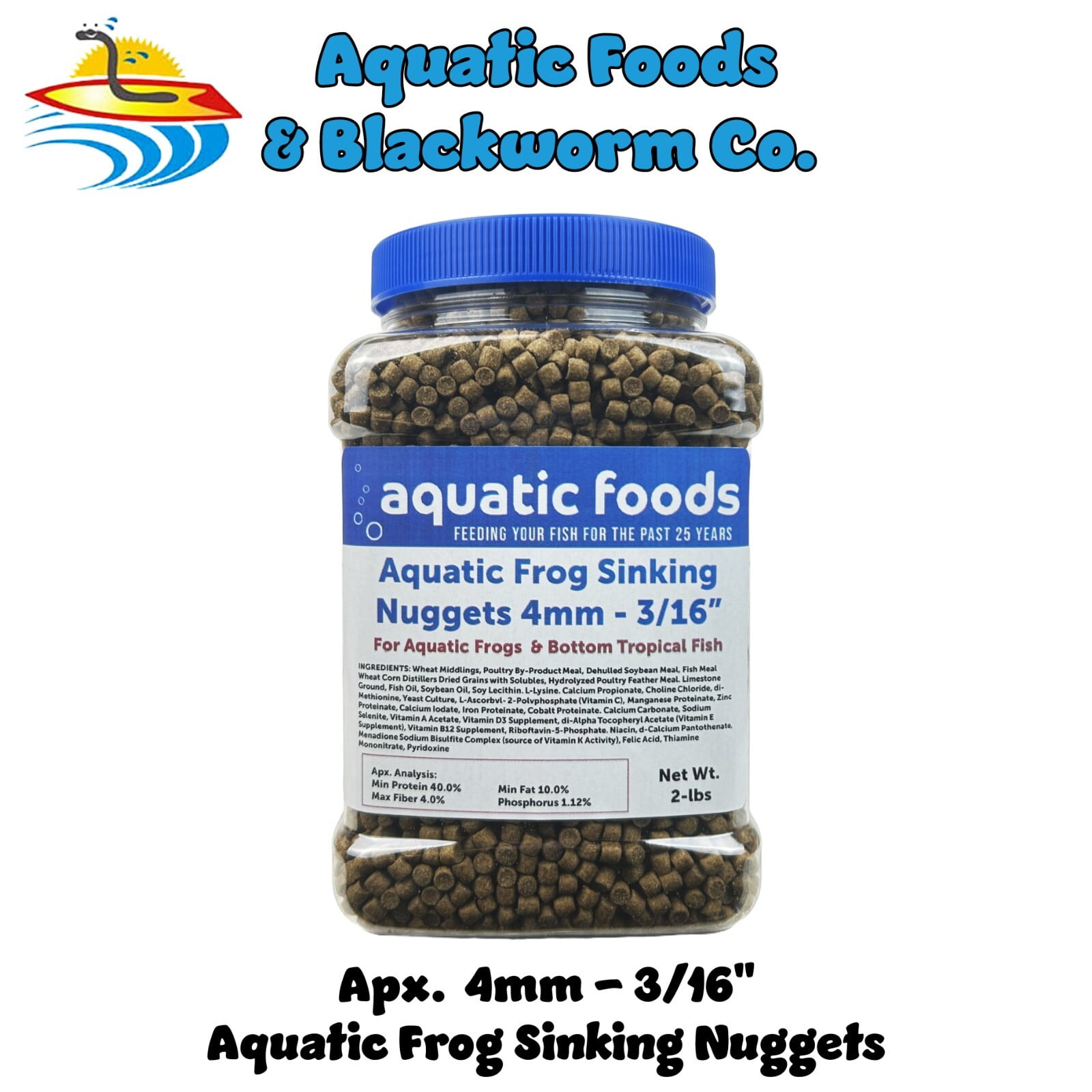 Aquatic Frog, 4mm-3/16" Sinking 40% Protein Nuggets for Aquatic Frogs, Axolotl, Salamanders, Snails, All Bottom Tropical Fish 2-lbs Jar