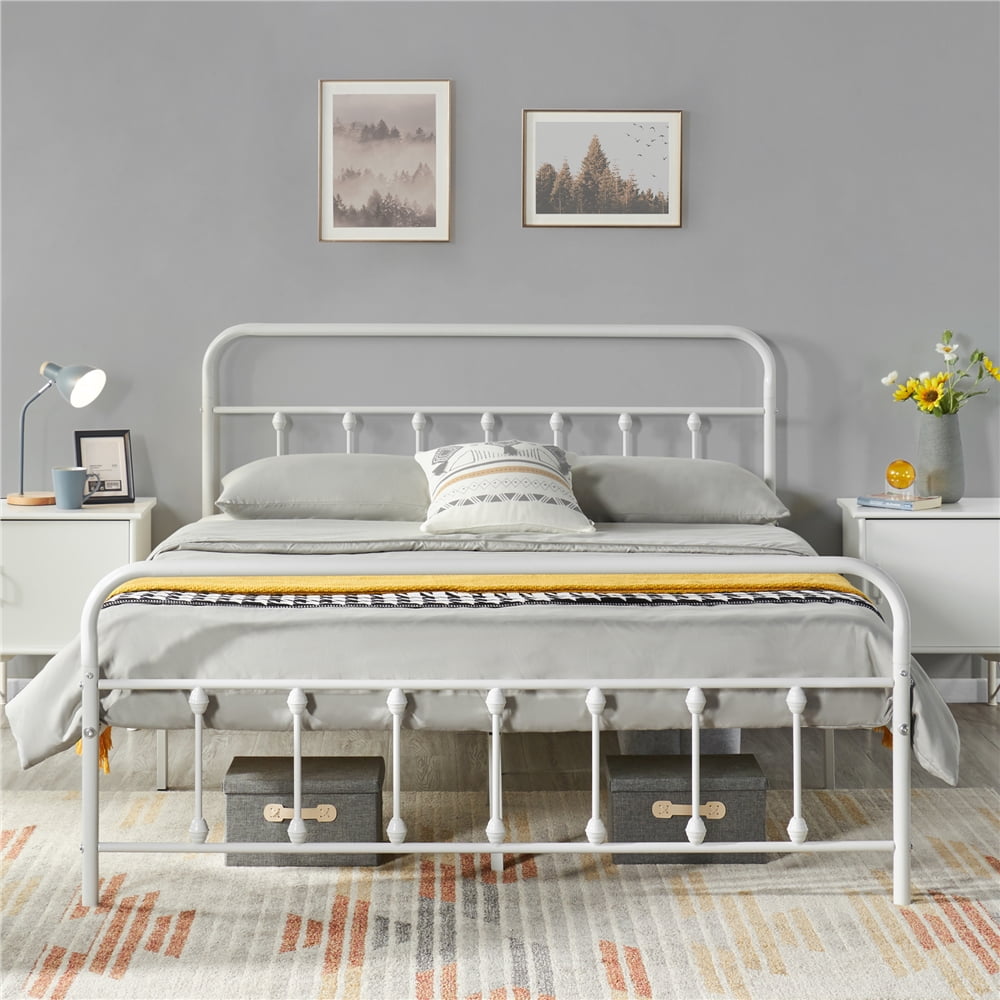 Buy Yaheetech Classic Metal Platform Queen Bed with High Headboard and Footboard, White Online