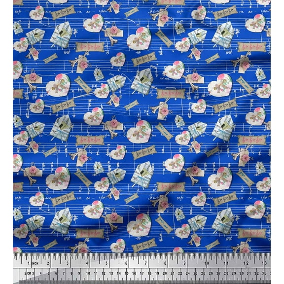 Soimoi Blue Cotton Voile Fabric Floral & Letter Vintage Printed Fabric 1 Yard 42 Inch Wide