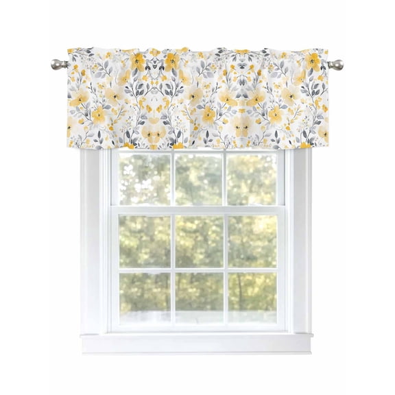 Kitchen Valances for Window, Watercolor Floral Leaves Light Filtering Rod Pocket Valance Curtain, Pastoral Yellow Gray Flowers Short Curtains Window Topper for Bedroom Bathroom Living Room 54x18in