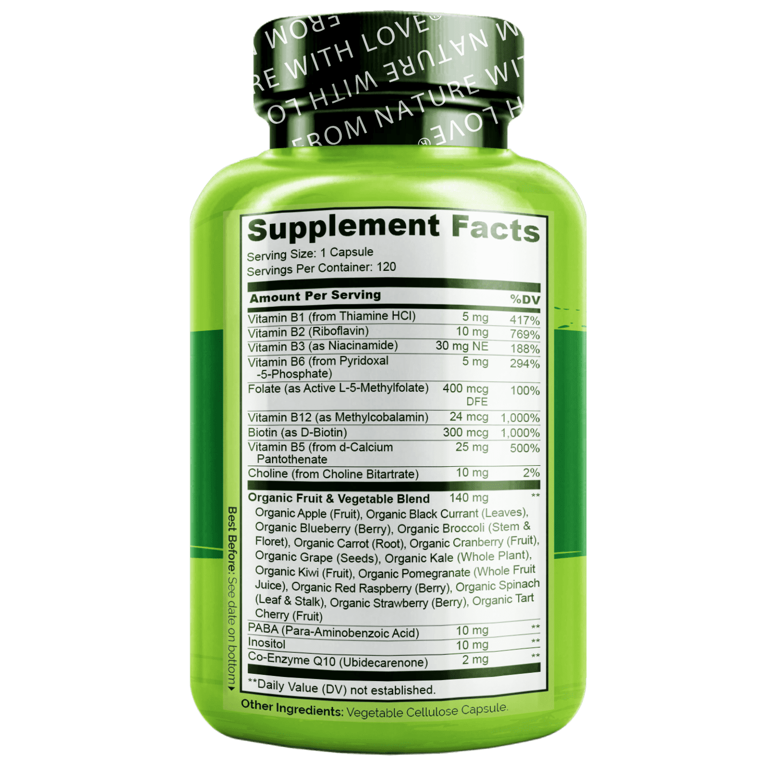 NATURELO Vitamin B Complex with Methyl B12, Methyl Folate, Vitamin B6, Biotin Plus Choline, CoQ10, and Fruit & Vegetable Blend - Supports Energy & Healthy Stress Response - Vegan - 120 Capsules