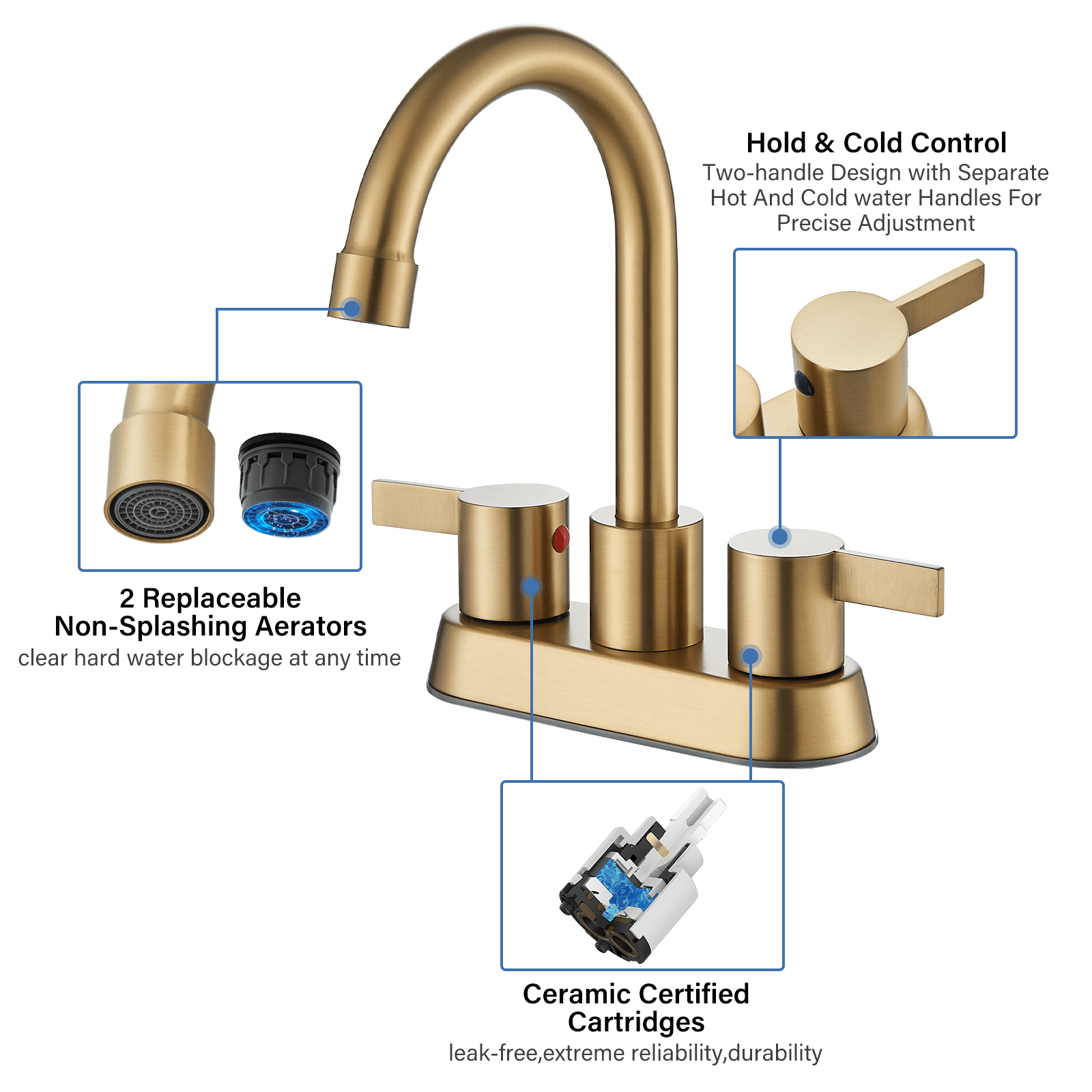 Zovajonia 4 Inch 2 Handle Centerset Lead-Free Bathroom Faucet 2 hole, 360 Swivel Spout with Copper Pop Up Drain and 2 Water Supply Lines Brushed Gold