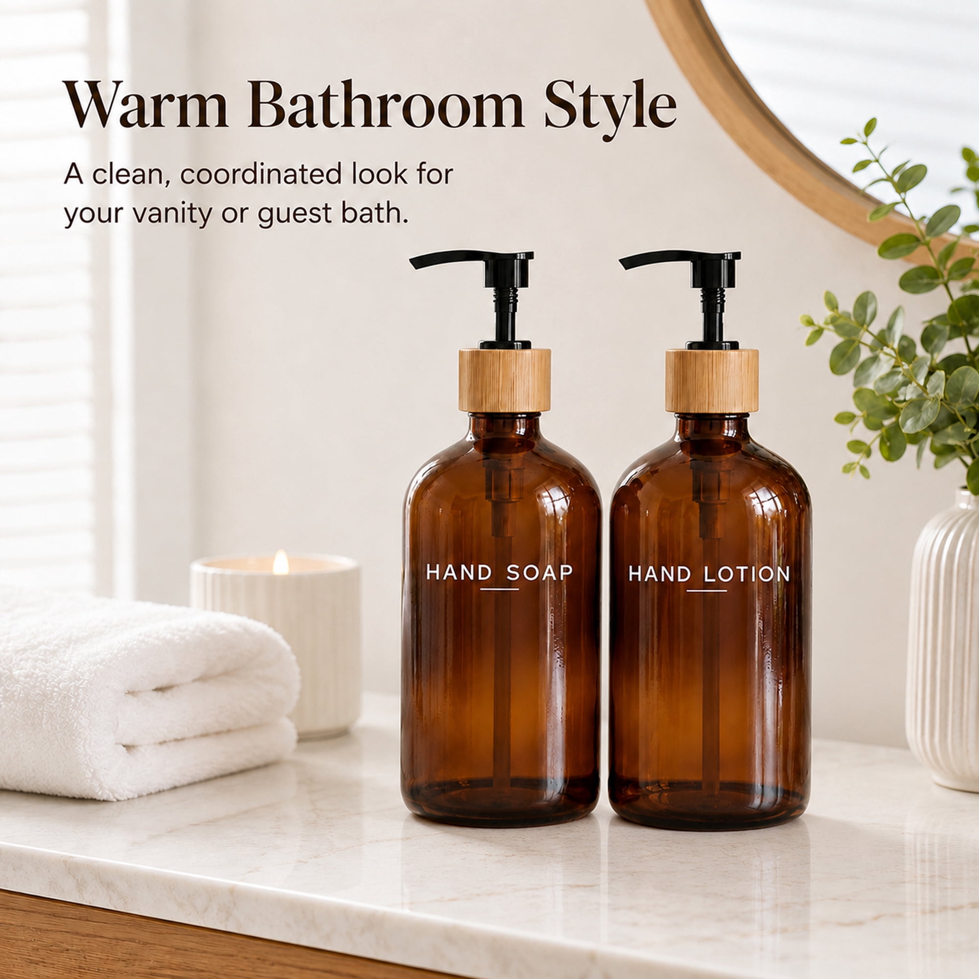 Glass Soap and Lotion Dispenser Set, 2 Pack Refillable Hand Soap and Dish Soap Bottles with Black Pumps, 16 oz Countertop Dispensers for Kitchen Sink, Bathroom Vanity, Amber and Clear