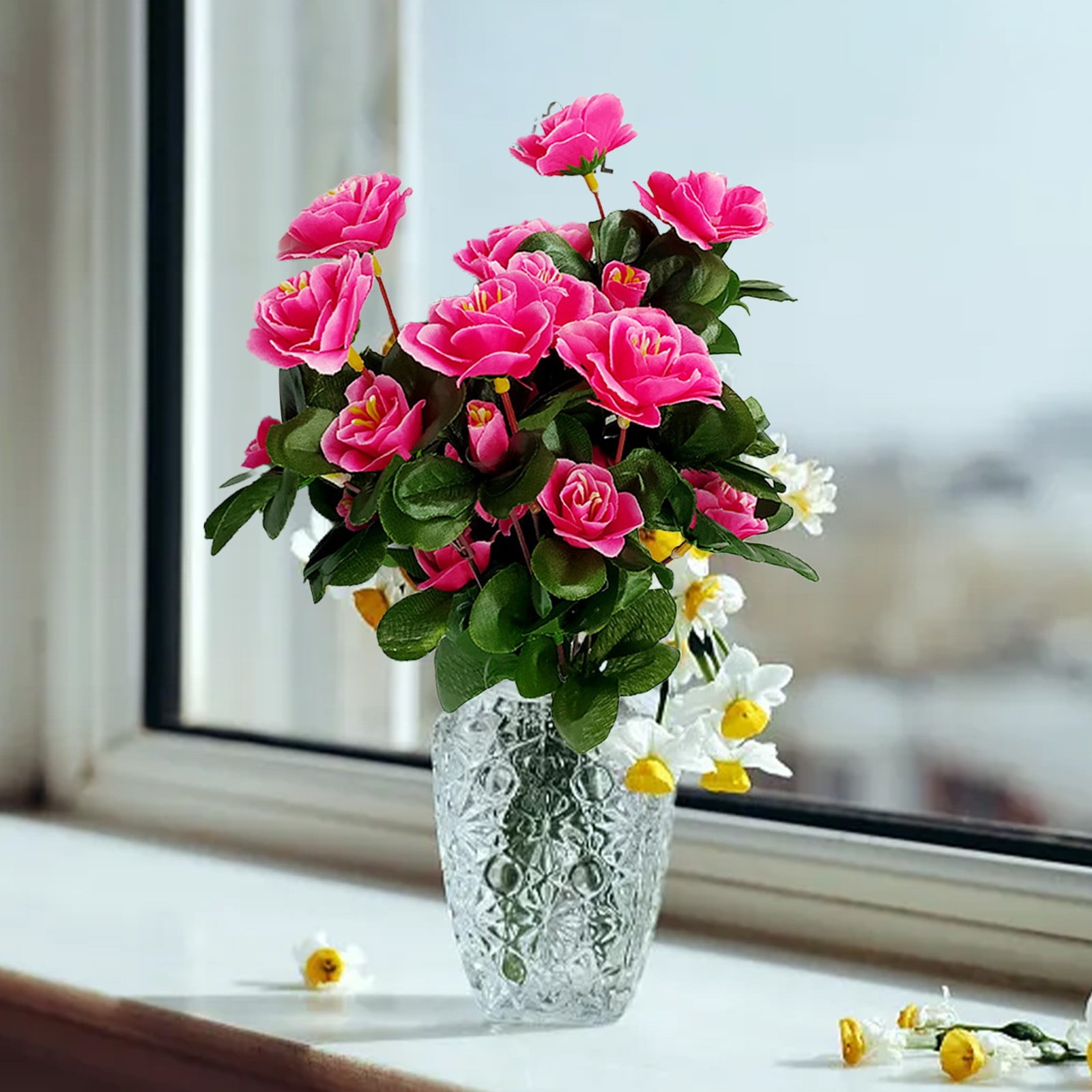 TOPRenddon Outdoor Indoor Silk Flower Artificial Pink Faux Flowers Outdoor UV Resistant Garden Plants Faux Plants for Indoor Home Kitchen Table Centerpieces Decor