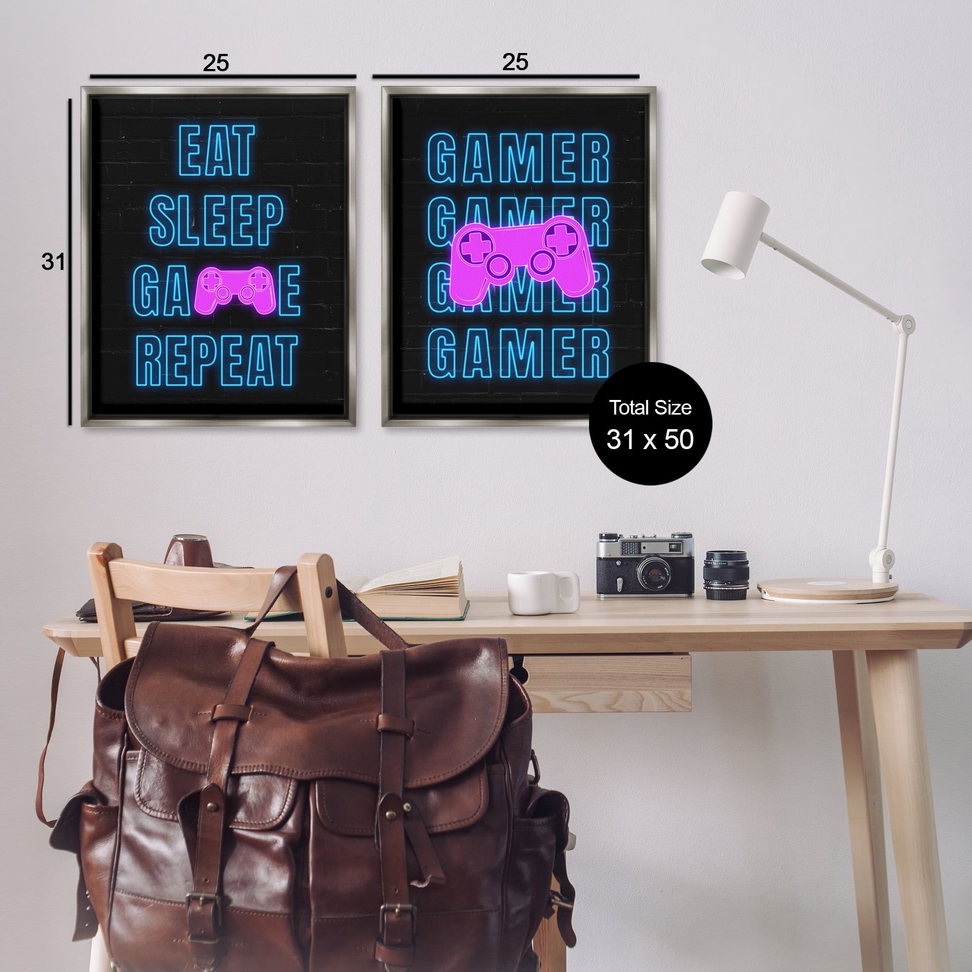 Stupell Industries Neon Gamer Eat Sleep Entertainment Painting Gray Floater Framed Canvas Art Print Wall Art, 31 x 25, Set of 2