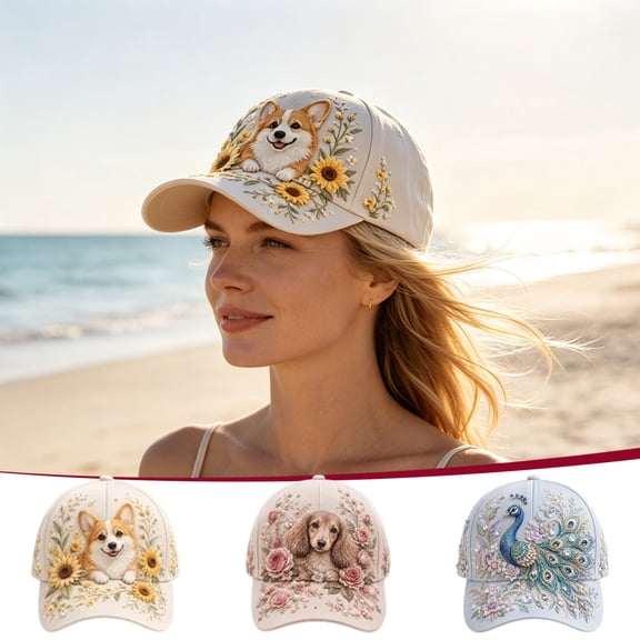 Voglyf Sunflower Corgi Hat, Printed Baseball Cap, Casual Accessory, Snapback Closure and Cute Floral Dog Design, Light Beige Soft Curved Brim Cap for Daily Travel Outdoor Streetwear Gift C