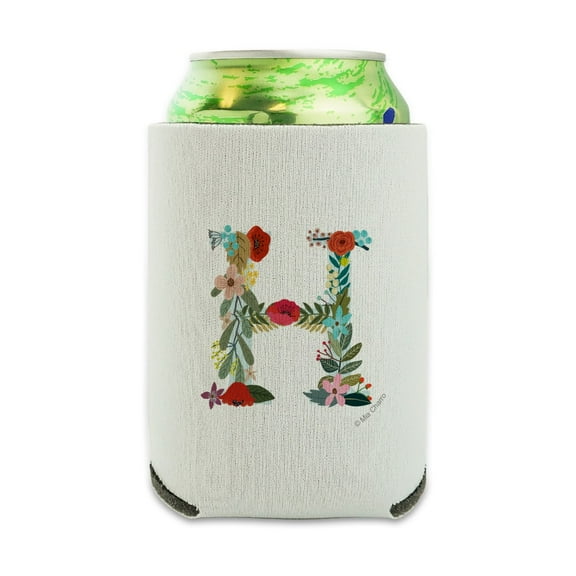 Letter H Floral Monogram Initial Can Cooler - Drink Sleeve Hugger Collapsible Insulator - Beverage Insulated Holder