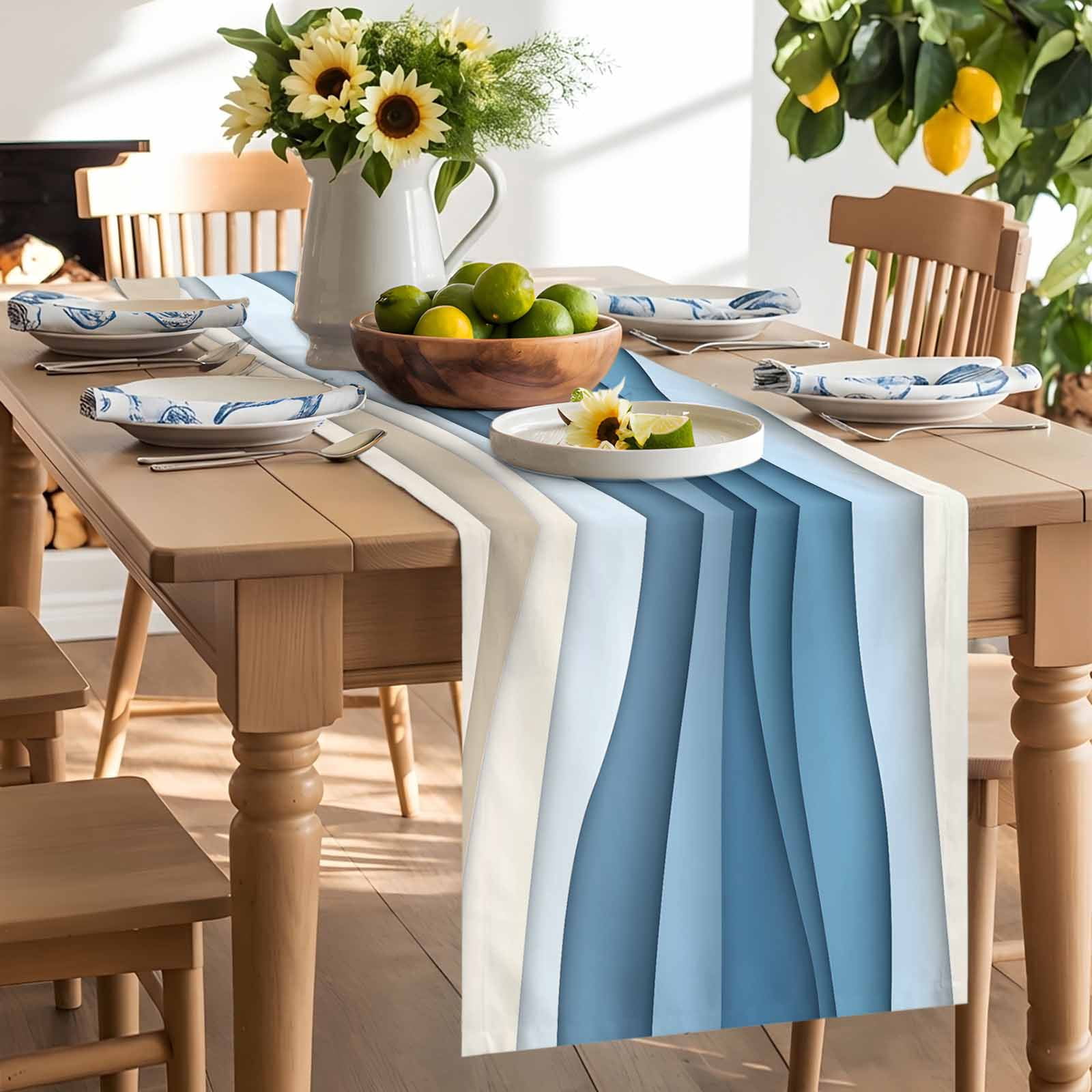 Ocean Blue Water Ripples Table Runner 90 Inches Long, Abstract Geometric Gradient Table Runners Tabletop Scarf Kitchen Dining Tables Decoration for Home Party Indoor Outdoor