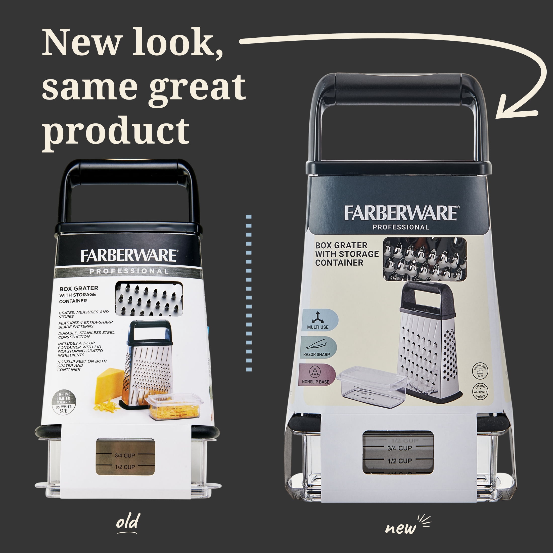 Farberware Professional Stainless Steel Slim Box Grater with 4 Blades and Container
