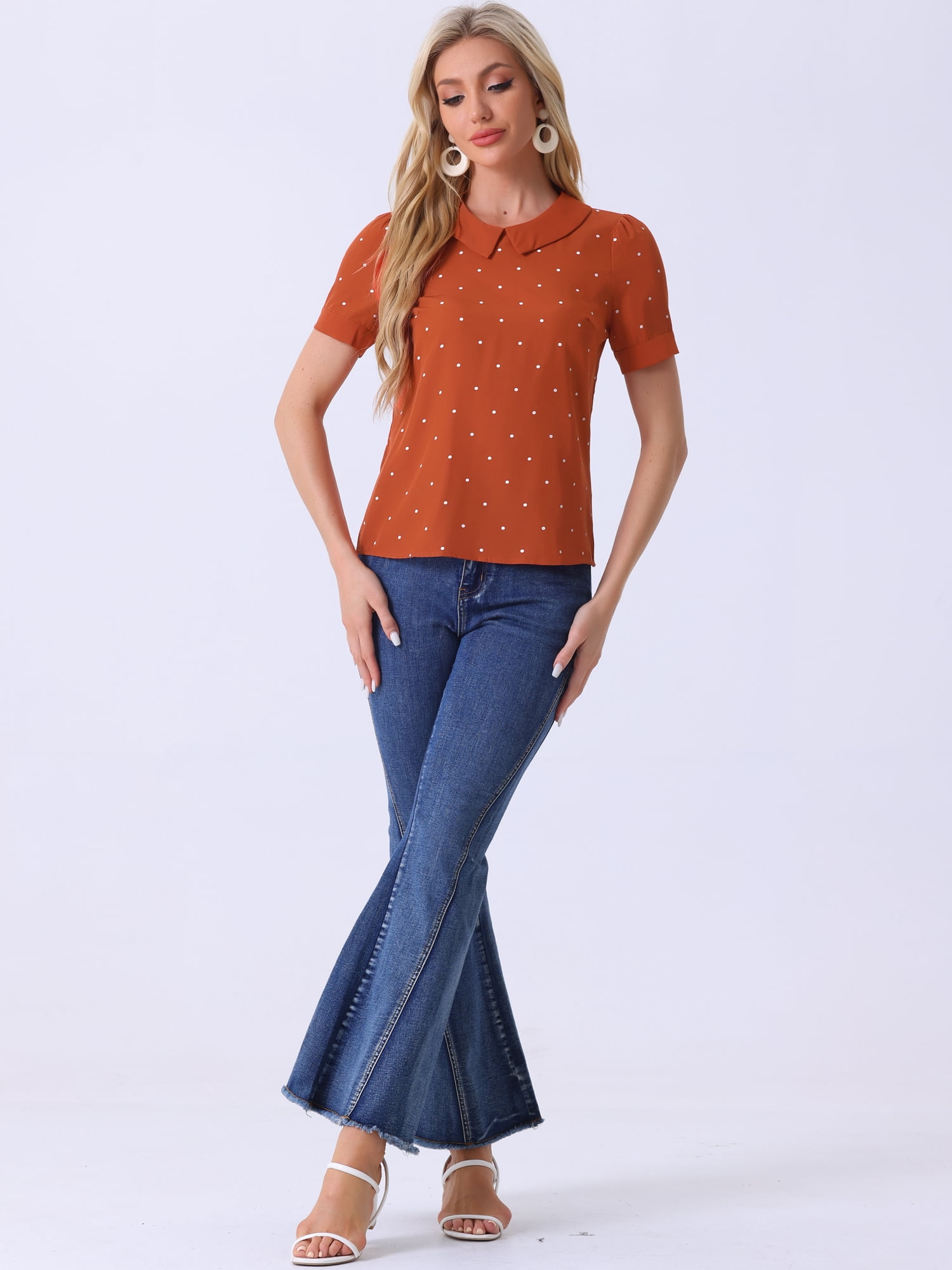 DARING DIVA Women's Peter Pan Collar Polka Dots Short Sleeve Tops L Orange