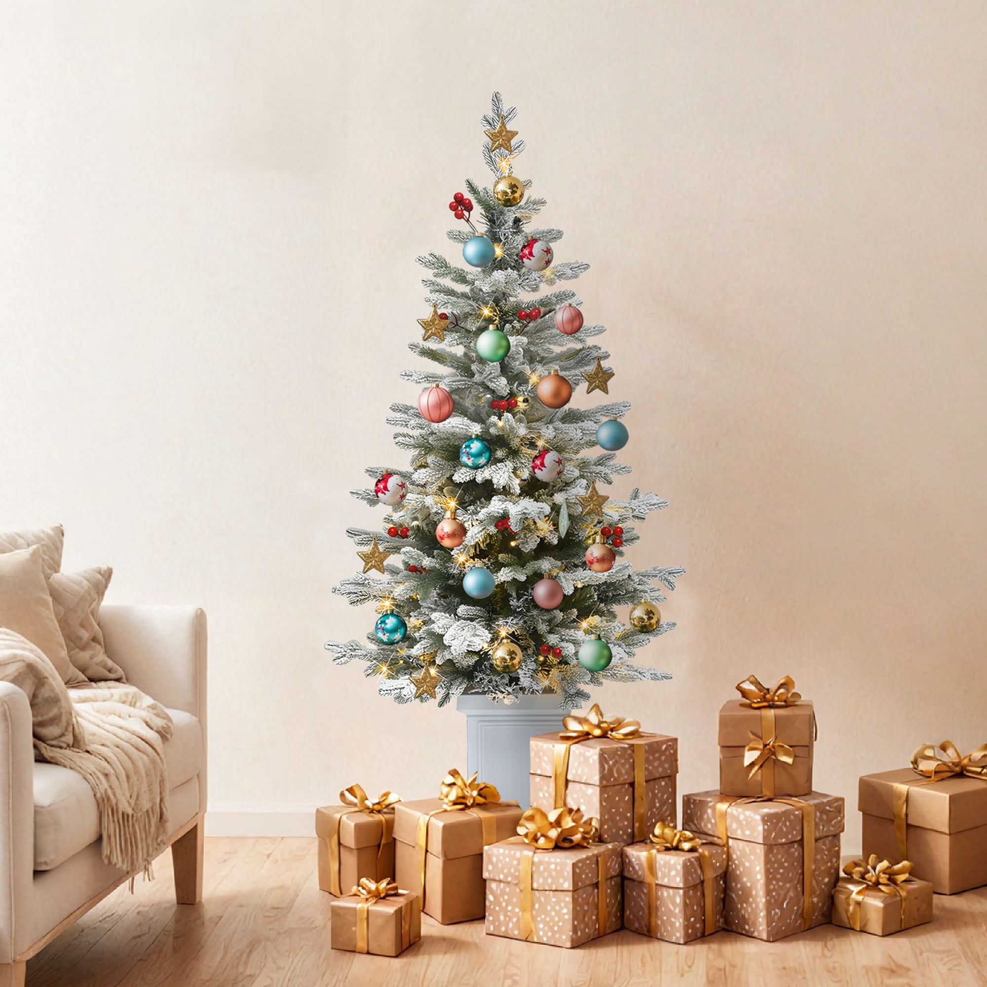 Uforic 4.5ft Potted Pre-Lit Flocked Pencil Christmas Tree with 358 PE & PVC Tips & 100 Lights, White Flocked