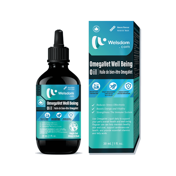 Welsdom Pets OmegaVet Liquid - 30mL | Omega-3 & Vitamin Supplement for Cats & Dogs | Supports Joint, Heart, and Overall Health | Rich in Fish Oil, Antioxidants, and Palatable Bacon Flavor