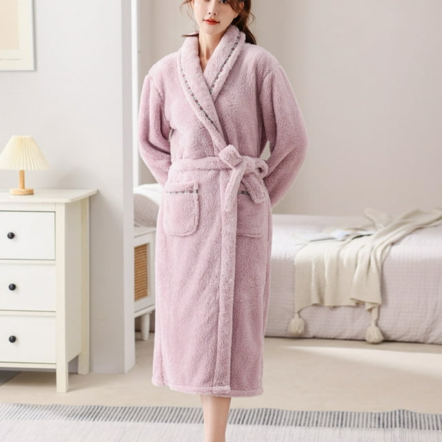 Qepwscx Women's Solid Color Flannel Robe - Long Sleeve Ankle-Length with Pockets Fleece Sherpas Shaggys Bathrobes