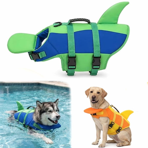 Shark Dog Life Jacket with Chin Float, Adjustable Pet Life Vest with Rescue Handle, High-Buoyancy Swim Vest for Small Medium Large Dogs