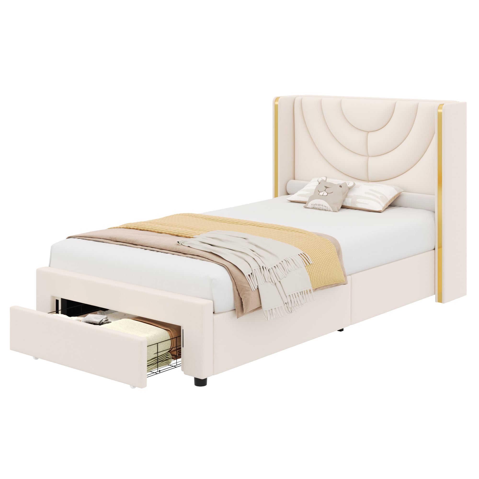 Homfa Twin Size LED Bed Frame with Storage, Wingback Platform Bed with Velvet Upholstered Headboard, Off-White