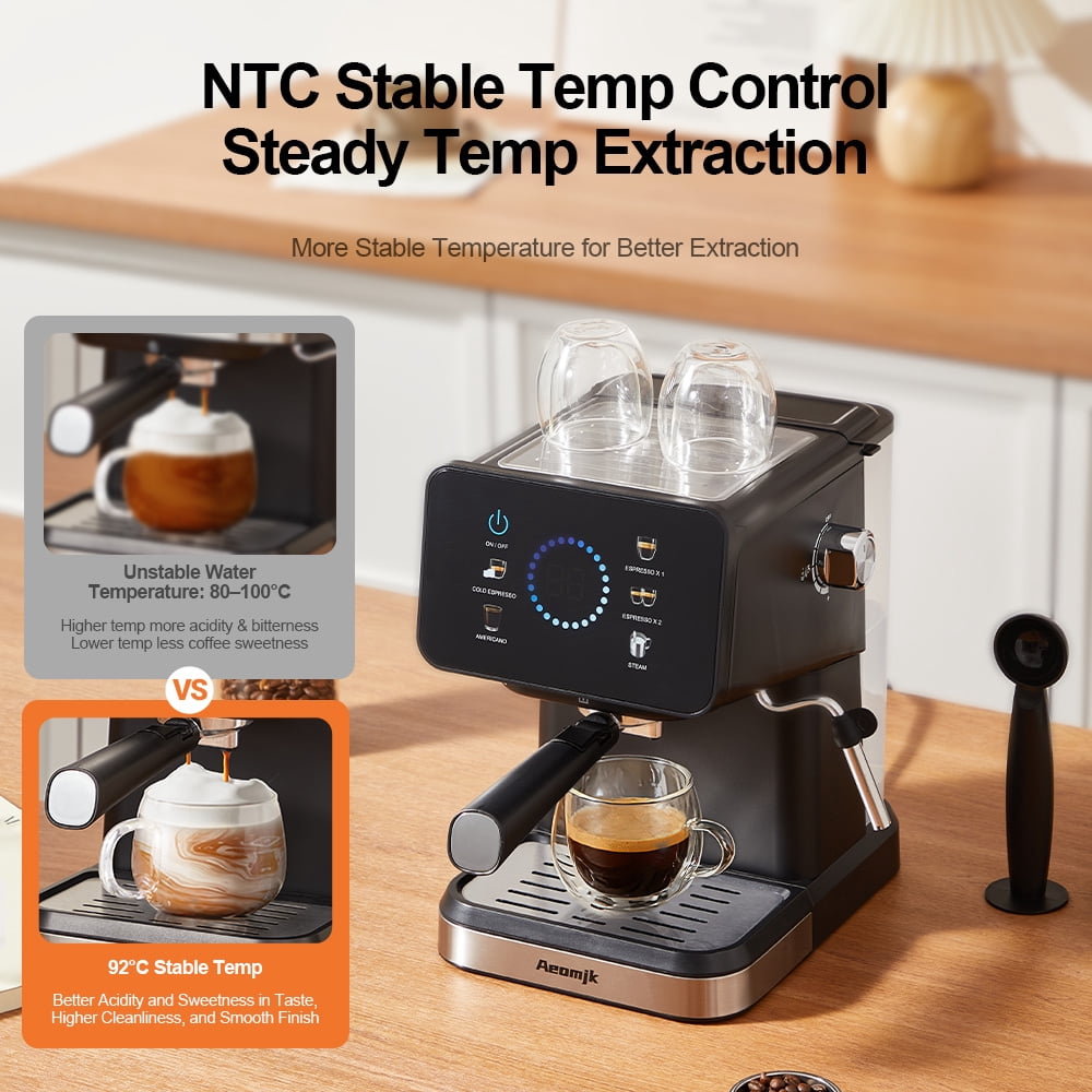 AEOMJK espresso machine with touchscreen operation, 20BAR pressure, capable of making both cold and hot coffee, equipped with a steam wand for frothing