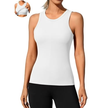 ANFERRY Ribbed Workout Tank Tops for Women Seamless Racerback Full Length Athletic Camisole with Built in Bra Yoga Gym Camis