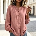 thumbnail image 5 of ClodeEU Women's Linen Blend Crewneck Long Sleeve Button Down Shirt with Cinched Cuffs ,Casual Loose Fit Blouse Pink,Women's Plus M, 5 of 6