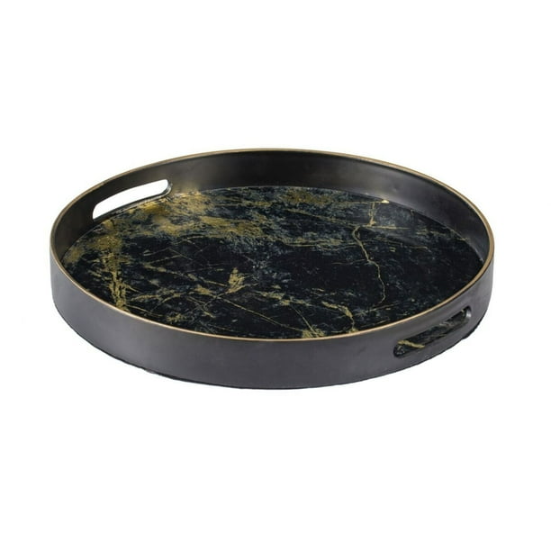 14.5" Black and Gold Contemporary Round Decorative Tray