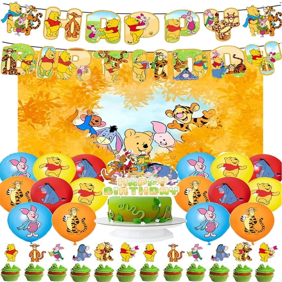 Winnie-the-Pooh Party Supplies Pack Includes， Banner， Backdrop, Cake Topper，Balloons for Eeyore party Decoration