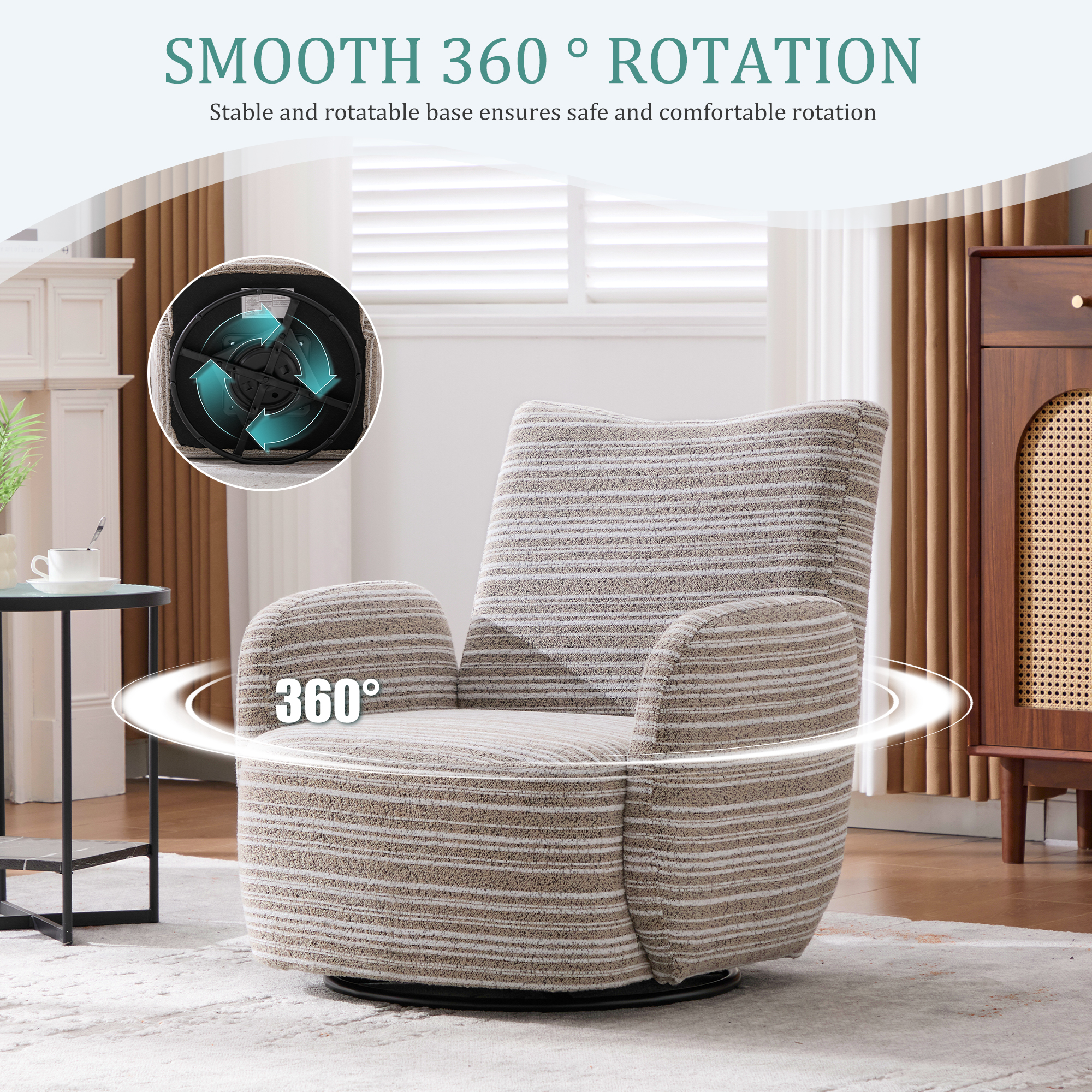 MOONMISS Boucle Upholstered 360°Swivel Fabric Striped Armrest Leisure Chair for Living room-Khaki
