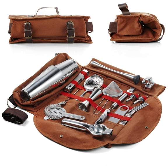 AYYUFE Reinforced Canvas Bartender Storage Organizer Bag with Multiple Compartments, Portable Mixer Tool Holder for Cocktail Accessories, Durable Waterproof Bar Equipment Organizer