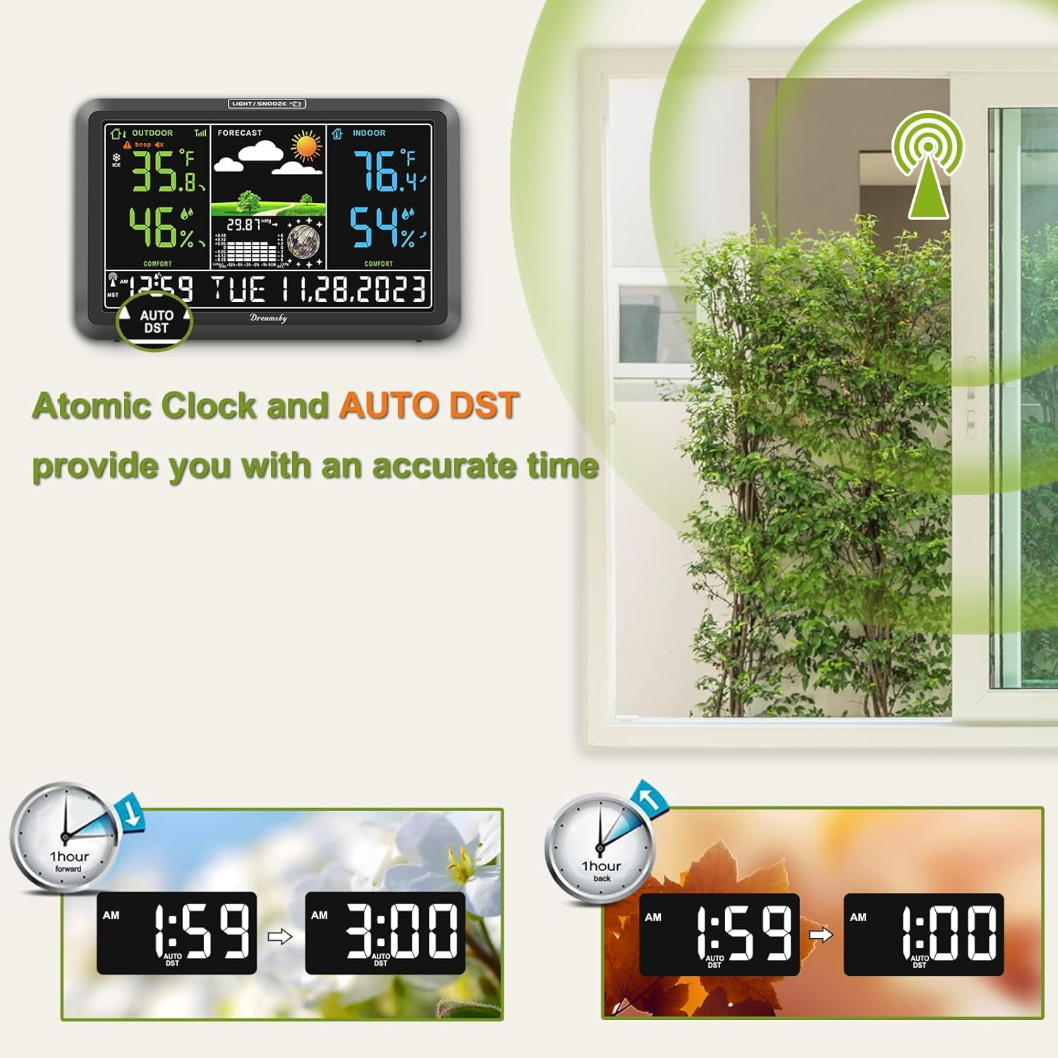 Weather Station Indoor Outdoor Thermometer Wireless with Digital Atomic Clock for Home, Large Display with Adjustable Backlight, USB Port, Inside Outside Temperature Humidity Monitor