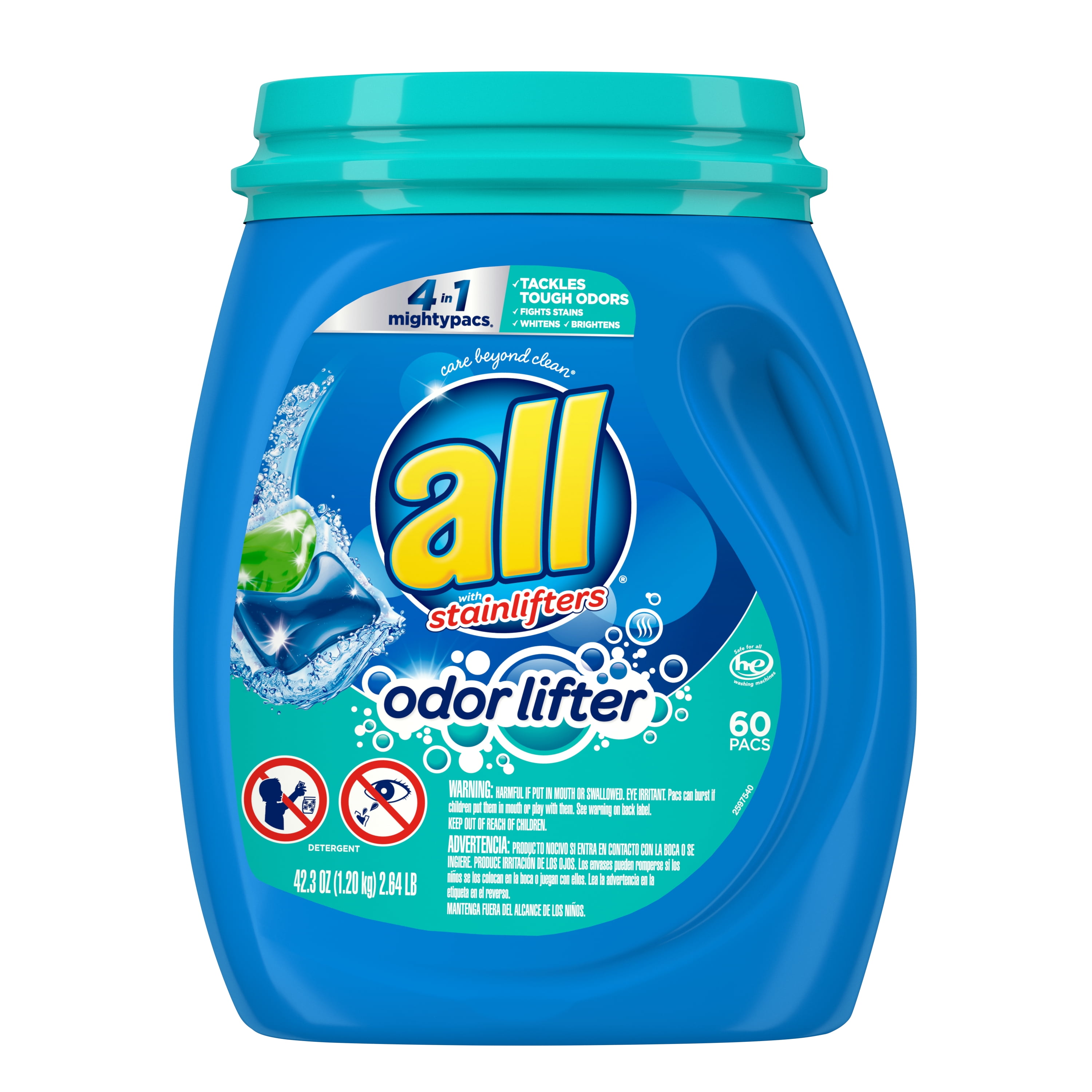 all Mighty Pacs Laundry Detergent, 4 in 1 with Odor Lifter, Tub, 60