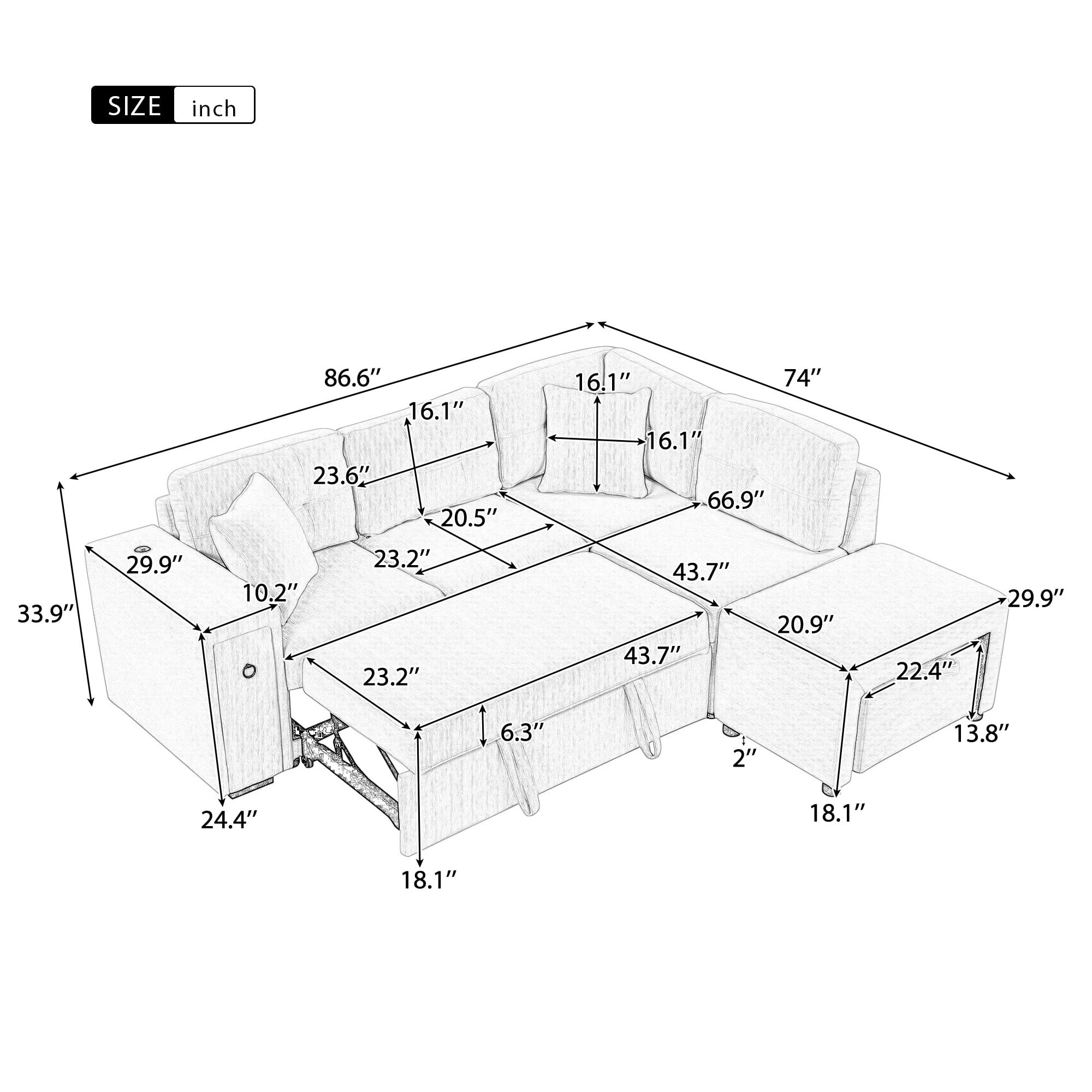 EUROCO Chenille Convertible L Shaped Sectional Couch,Modular Sectional Sleeper Sofa with Pull Out Couch Bed,1 Movable Ottoman,2 USB Ports and 2 Cup Holders for Living Room Apartment,86.6"×74"