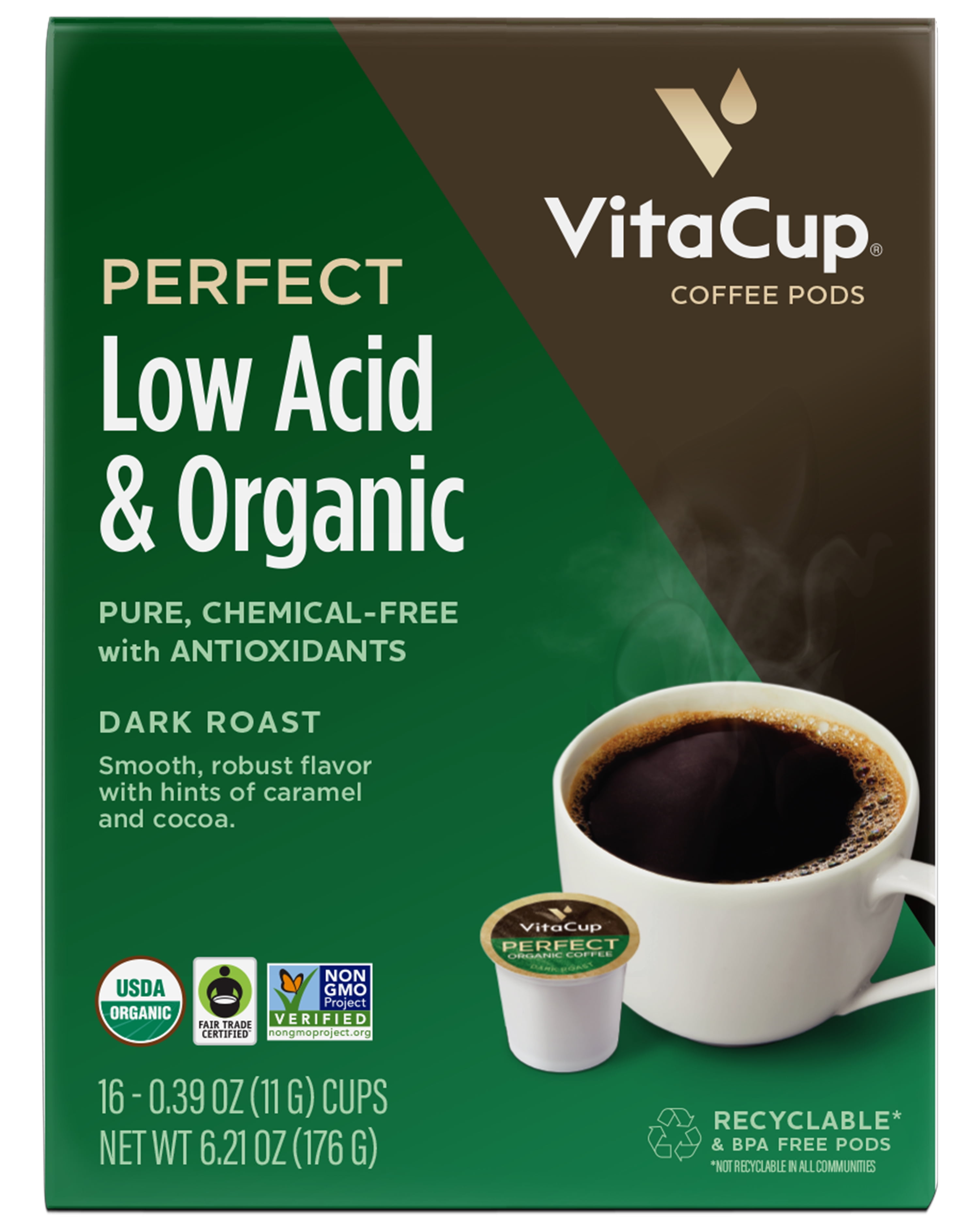 VitaCup Perfect Low Acid Coffee Pods, USDA Organic & Fair Trade