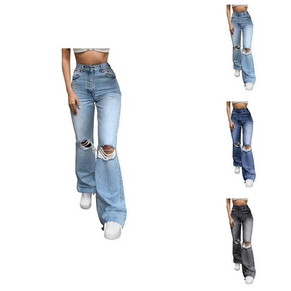 Jeans for Women 2025 Y2K Ripped Distressed High Waisted Stretch Wide Leg Baggy Jean Pants Womens Jeans Trousers