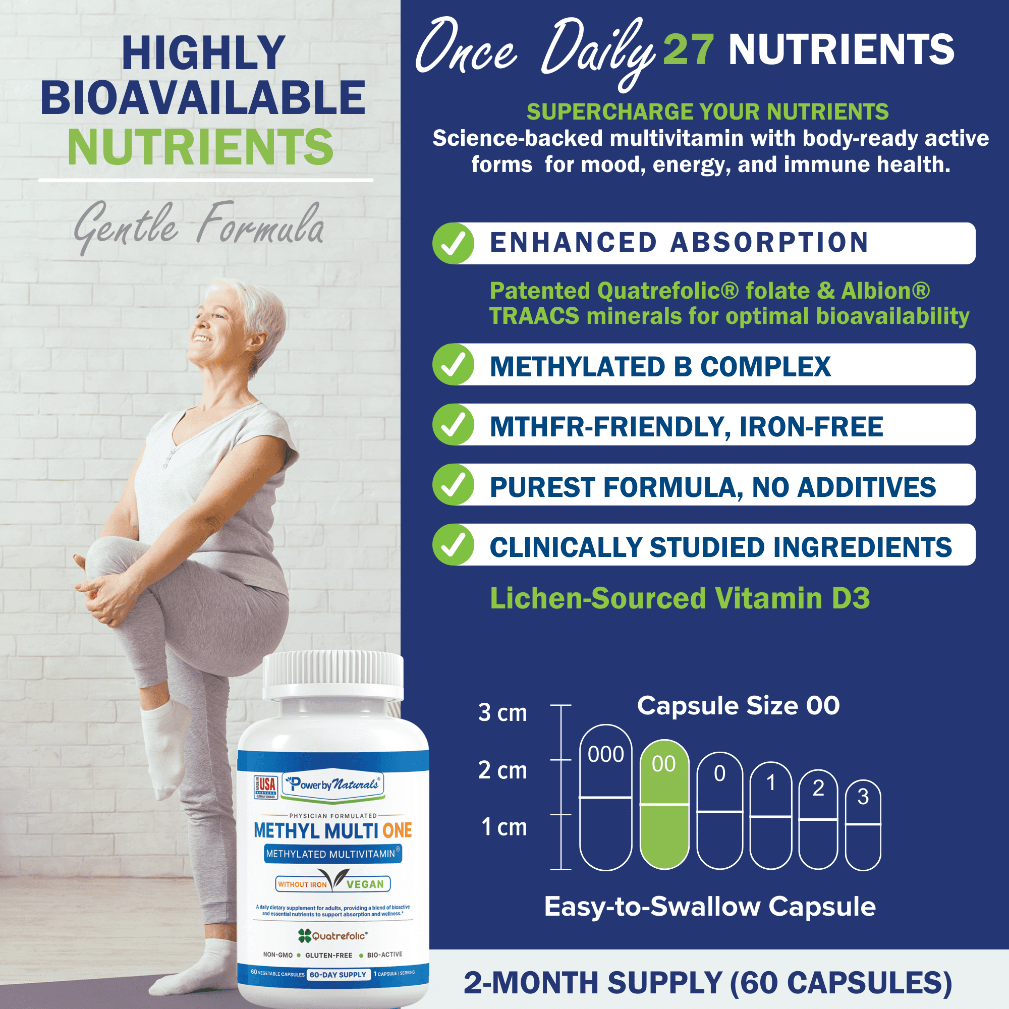 Methyl Multi One: Vegan Methylated Multivitamin for Men & Women With Methylfolate, Acive B12, B6, Zinc, Iron-Free, 60 Capsules, Once Daily for 60 Day Supply